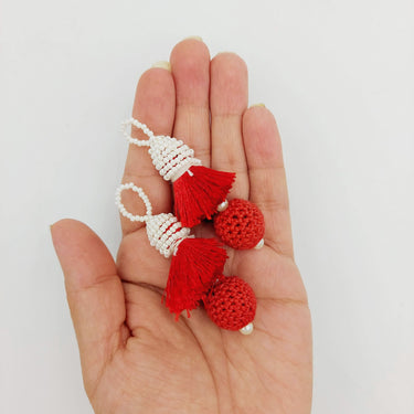 Red Crochet Ball Tassels With White Pearls Beads, Tassel Charms, Nylon Tassels x 2